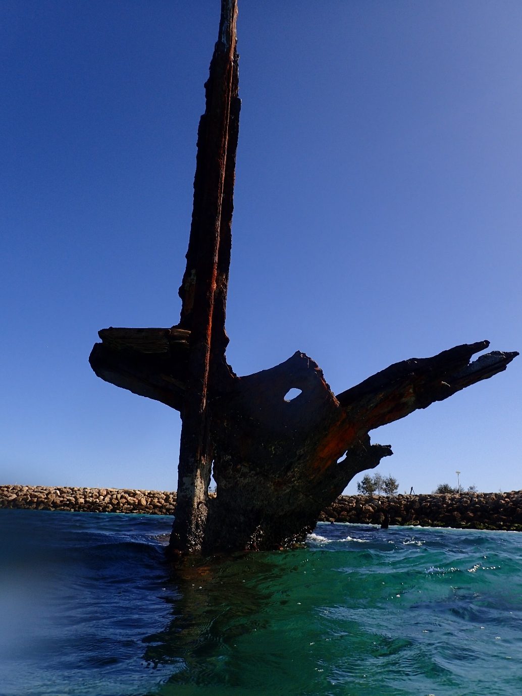 The remains of the bow of the Omeo jutting above the water.